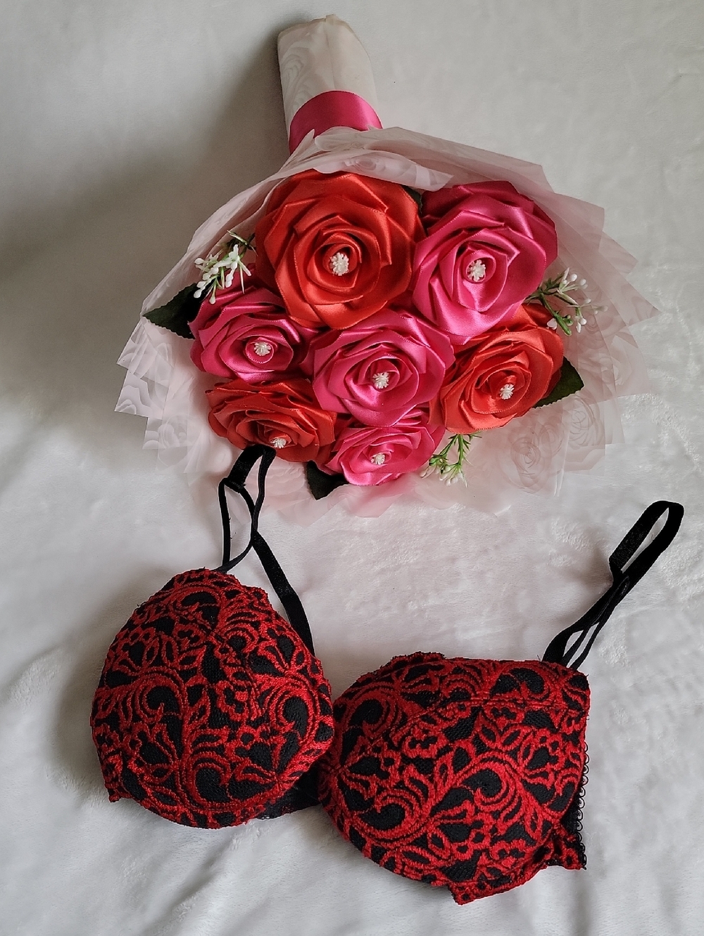 smart & sexy Black Bra with Red Lace Overlay